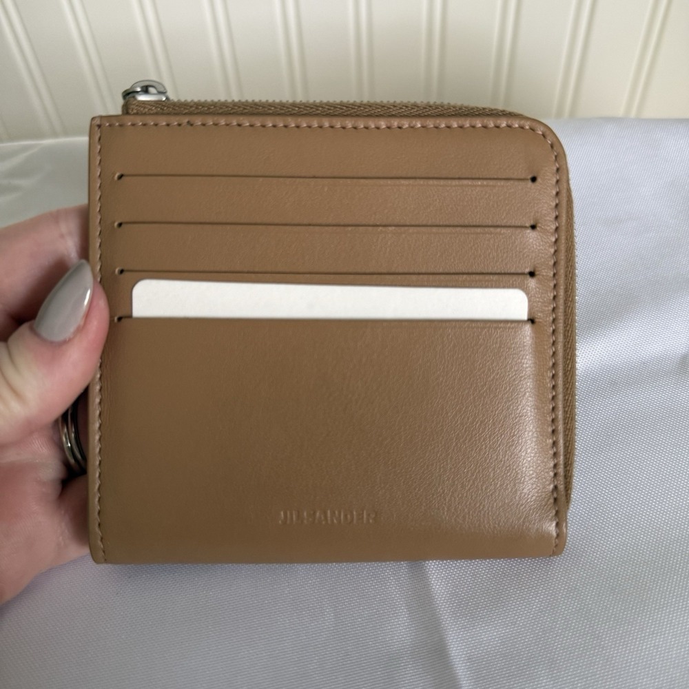 JIL SANDER Card Case Wallet Zip Around Coin Pouch Chestnut Brown Leather NWT